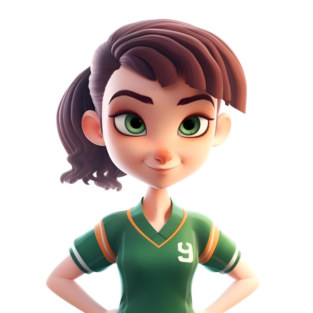 Ilustración 3D de una linda chica de dibujos animados con ojos verdes