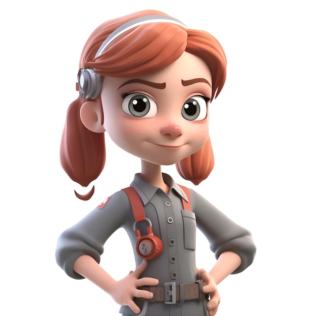 Ilustración 3D de una linda chica de dibujos animados con uniforme militar