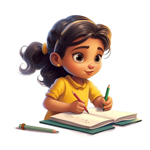 Ilustración 3d de una linda niña latina de 4 años escribiendo estilo de dibujos animados Generado por AI