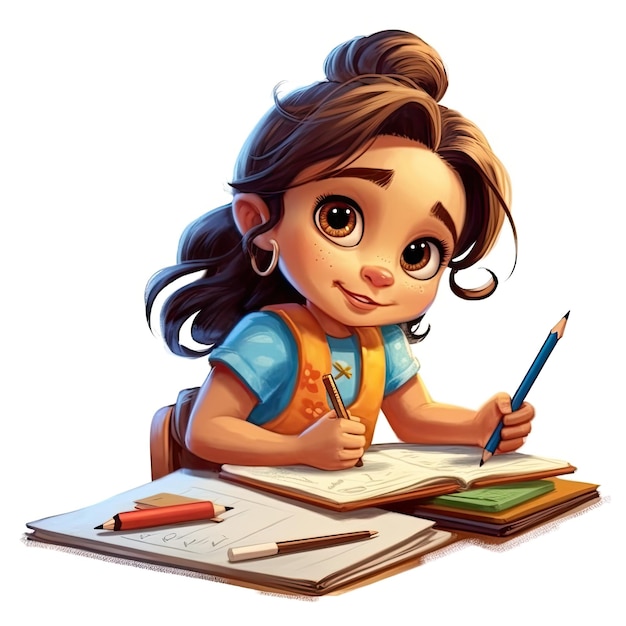 Foto ilustración 3d de una linda niña latina de 4 años escribiendo estilo de dibujos animados generado por ai