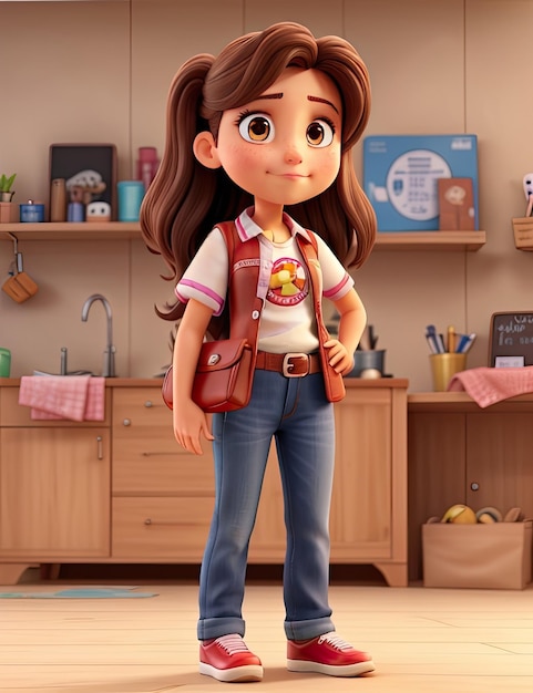 Ilustración 3D de una linda niña parada en su habitación