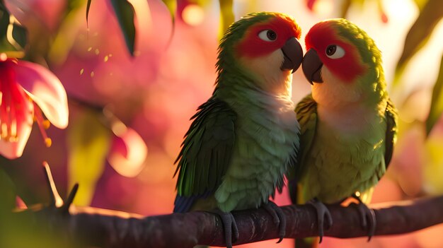 Ilustración en 3D de una linda pareja de loros enamorados