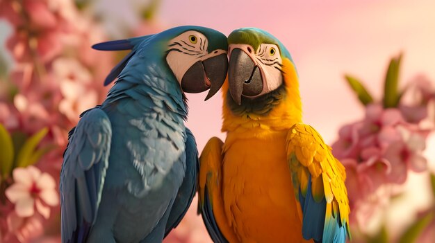 Foto ilustración en 3d de una linda pareja de loros enamorados