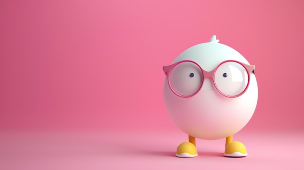 Una ilustración 3D linda y simple de un pájaro blanco redondo con gafas rosas y zapatos amarillos