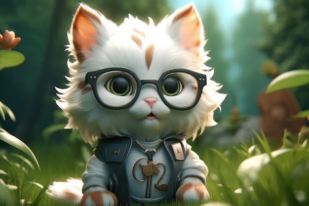 Ilustración 3D lindo gato con gafas en un estilo de personaje de dibujos animados infantil IA generativa