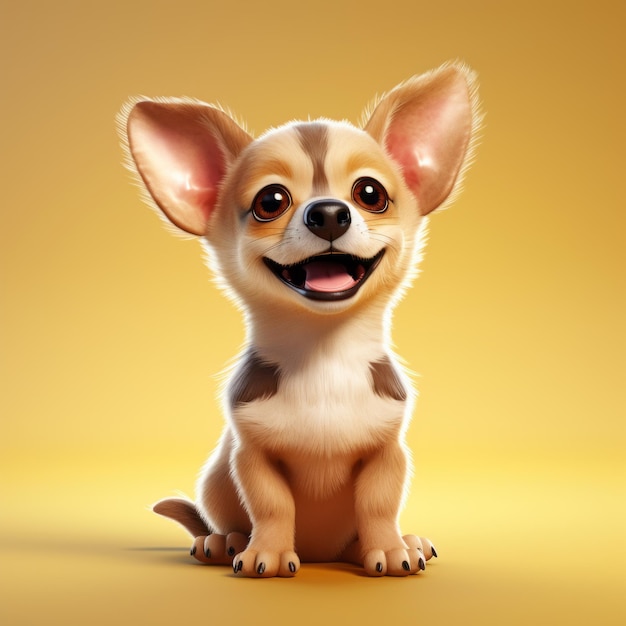 Ilustración 3D de un lindo perro chihuahua sobre un fondo amarillo