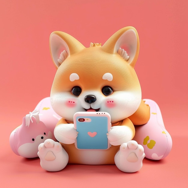 Ilustración 3D de un lindo perro corgi con un teléfono