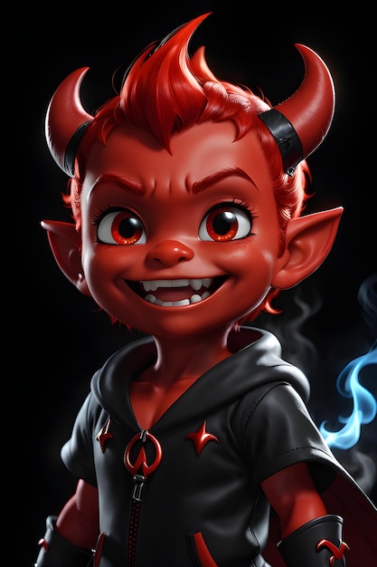 Foto ilustración en 3d de un lindo personaje de dibujos animados diablo rojo con fondo negro