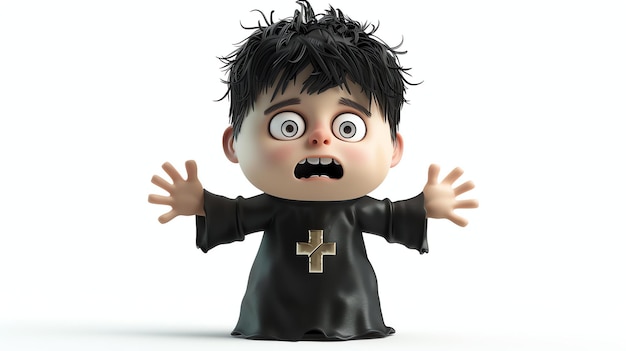 Foto ilustración 3d de un lindo sacerdote de dibujos animados que parece asustado con las manos en alto