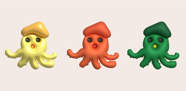 Ilustración 3D Lindos animales submarinos calamares y pulpos estilo minimalista