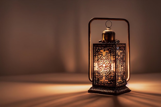 Ilustración en 3D de una linterna árabe con una vela encendida que brilla por la noche en el mes sagrado musulmán de Ramadán