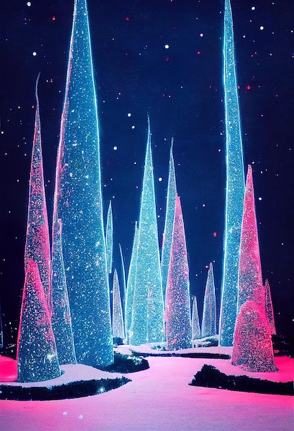 Ilustración 3D de luces de neón del bosque nevado de Navidad