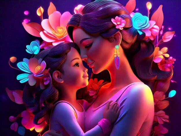 Ilustración 3D de madre e hija con luz de neón