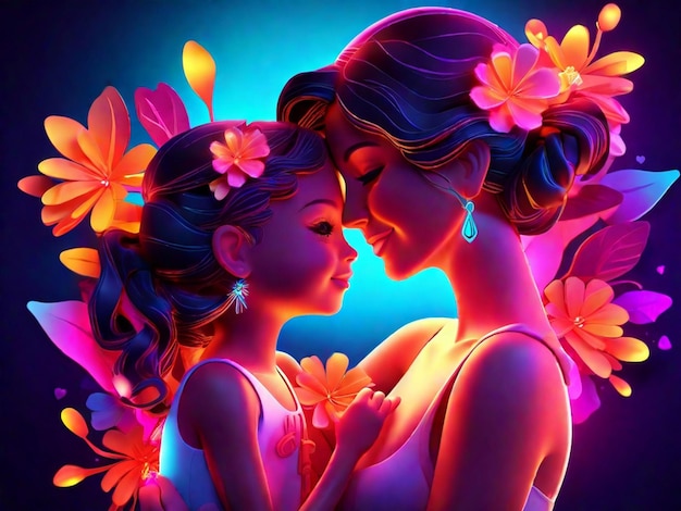 Ilustración 3D de madre e hija con luz de neón