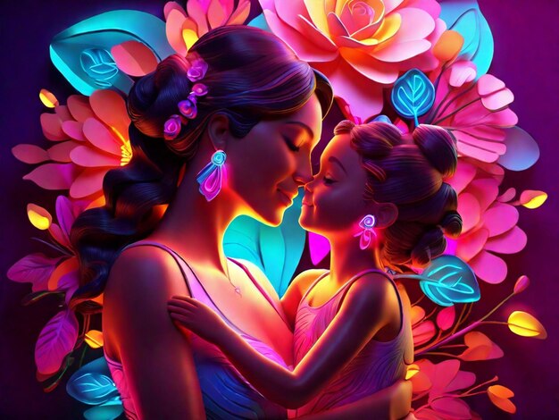 Ilustración 3D de madre e hija con luz de neón