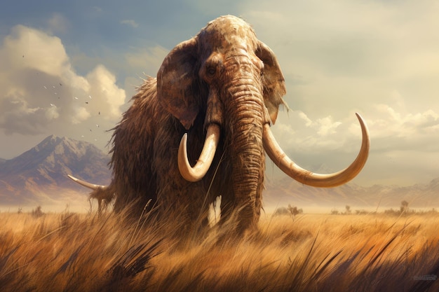 Ilustración 3D de un mamut en la sabana con montañas en el fondo Mamut prehistórico generado por la IA