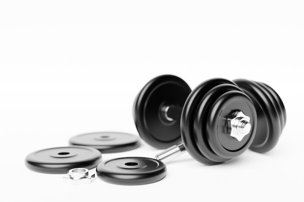 Ilustración 3D mancuerna negra de metal con discos sobre fondo blanco Equipo deportivo y de fitness