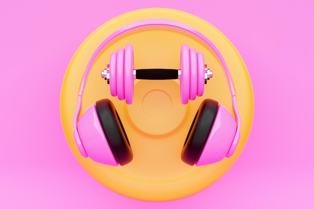 Ilustración 3D mancuerna rosa de metal con discos y auriculares sobre fondo rosa Equipo deportivo y de fitness