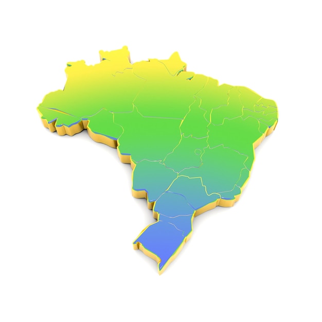 Foto ilustración 3d del mapa de brasil en degradado verde y azul amarillo sobre superficie blanca con shado