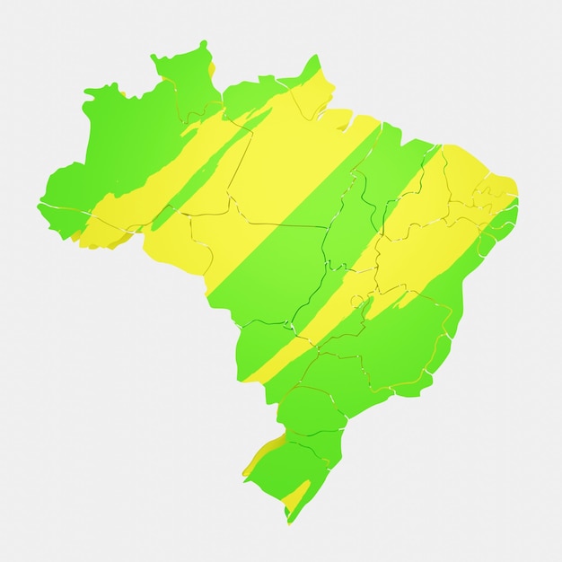 Ilustración 3d del mapa de Brasil con franjas diagonales irregulares verdes y amarillas aisladas en blanco