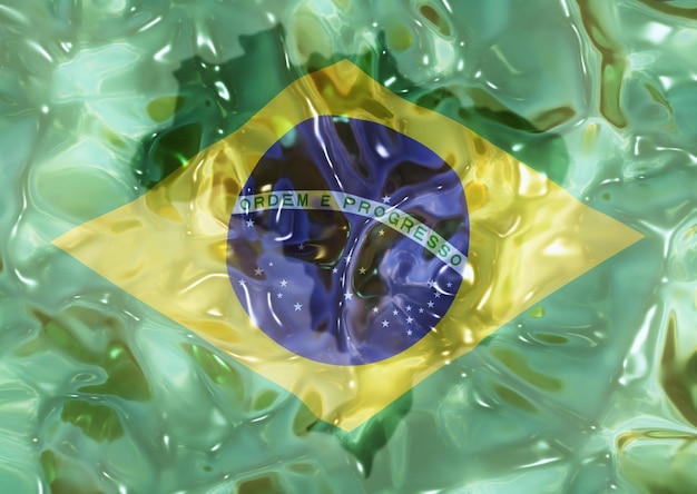 Ilustración 3d del mapa de brasil en superficie borrosa verde translúcida de la bandera de brasil en brillante