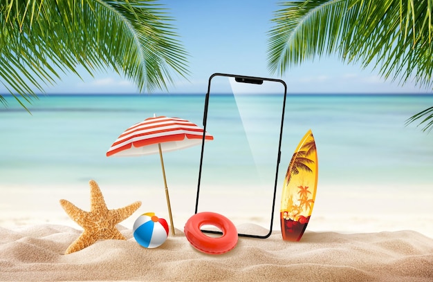 ilustración 3d de maqueta de teléfono inteligente de vacaciones de verano. teléfono con elementos de playa y océano en la parte posterior.