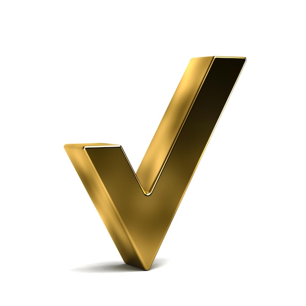 Ilustración 3D de la marca de verificación dorada sobre fondo blanco.