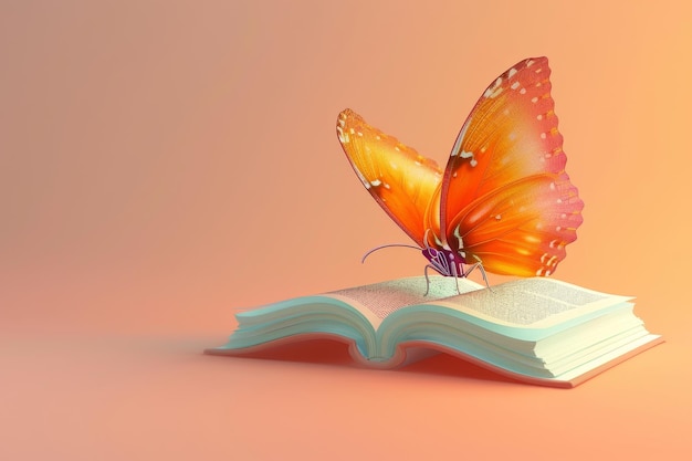 Ilustración 3D de mariposa en un libro concepto de libro de naturaleza en el fondo