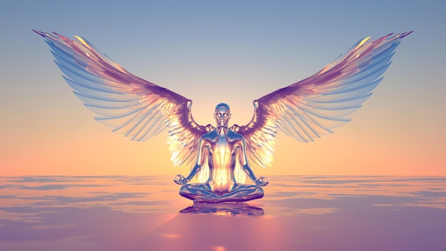 Foto ilustración 3d de la meditación del ángel al amanecer.