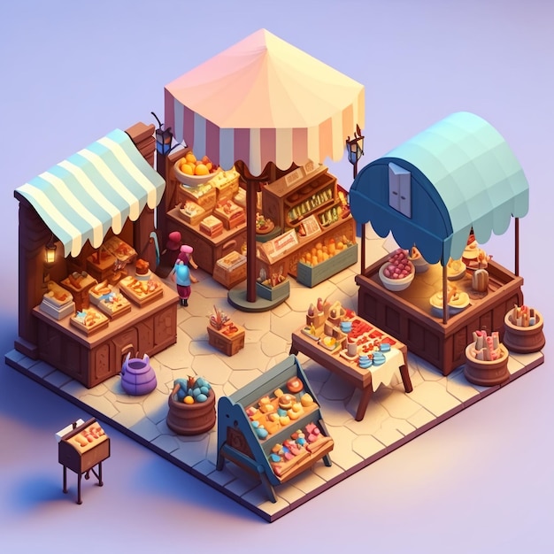 Una ilustración en 3d de un mercado con un toldo azul que dice "comida".