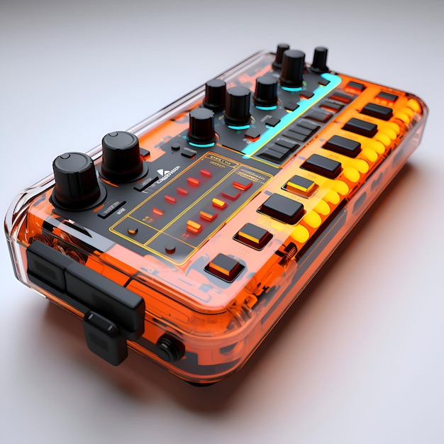 Ilustración 3D de mezclador de DJ naranja sobre fondo gris con reflejo