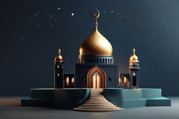 Una ilustración 3D de una mezquita con una estrella en la parte superior