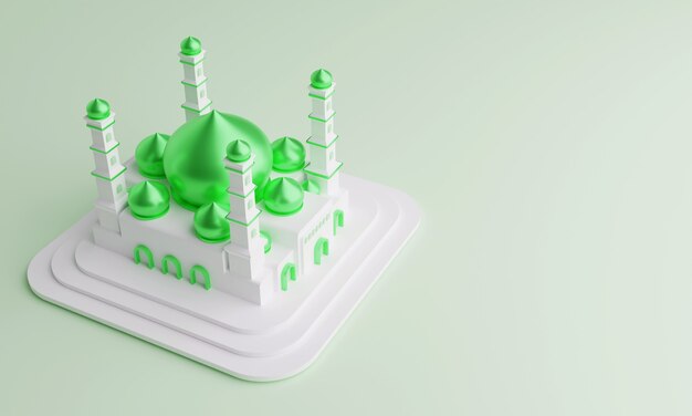 Ilustración 3D de la mezquita islámica con cúpula verde