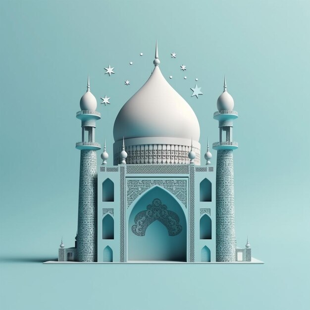 Ilustración 3D de una mezquita con una luna azul claro