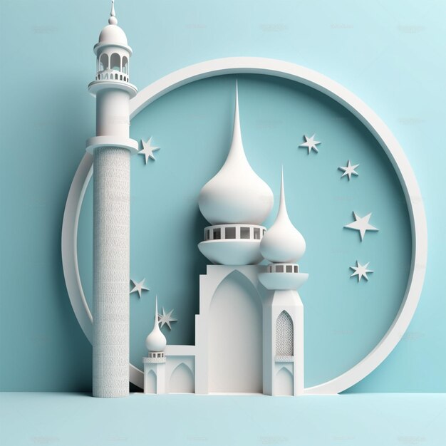 Ilustración 3D de una mezquita con una luna azul claro