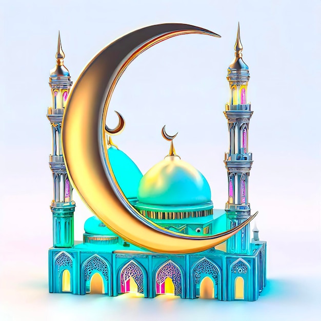 Una ilustración en 3D de una mezquita con una luna creciente.