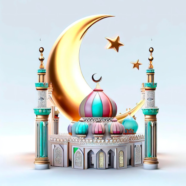 Una ilustración en 3D de una mezquita con una media luna y estrellas.