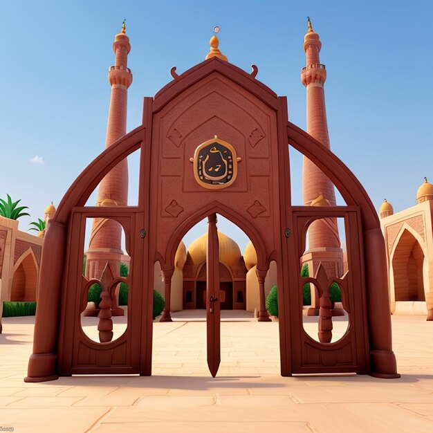 Una ilustración 3D de una mezquita con una puerta en el medio en musulmán