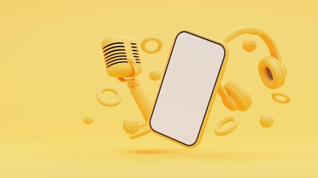 Ilustración 3D, micrófono retro y auriculares y teléfono inteligente sobre fondo amarillo