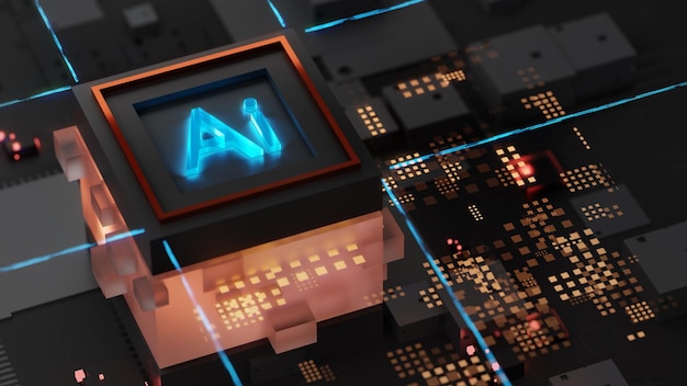 Ilustración 3D Microprocesador móvil avanzado que se conecta con una placa base y activa todo el sistema Ai Letters on Chip Glowing Energy Pulse CPU en expansión