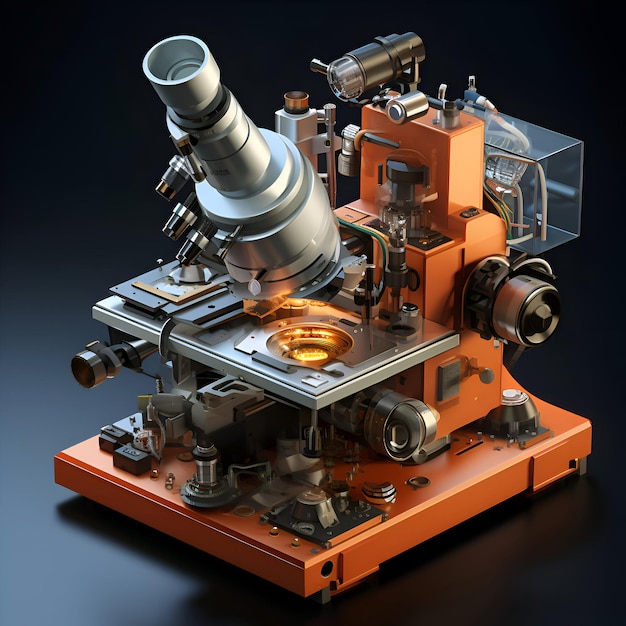 Ilustración 3D de un microscopio naranja y negro sobre fondo negro
