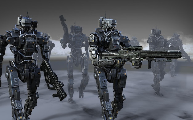 Ilustración 3d de una misión de cyborgs grupales. Invasión de guerra de robots militares.
