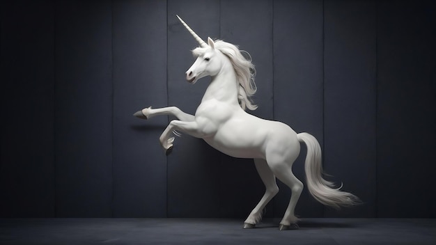 Ilustración 3D del mítico unicornio blanco posando aislado en la pared oscura con camino de recorte
