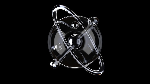 Foto ilustración 3d de un modelo de átomo de vidrio brillante con un fondo negro el átomo tiene un núcleo central y tres electrones que orbitan a su alrededor