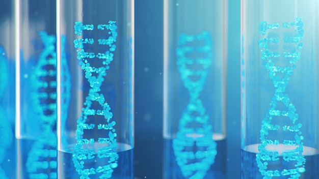 Ilustración 3D molécula de ADN, su estructura. Concepto genoma humano