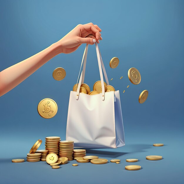 Ilustración en 3D de una moneda de captura de mano y una bolsa de compras