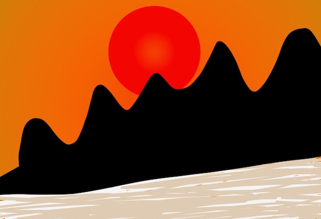 Ilustración 3D de montaña y hermosa puesta de sol