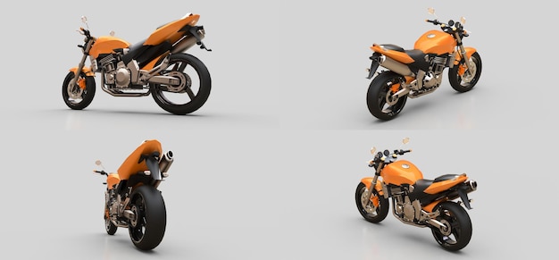 Ilustración 3D. Motocicleta biplaza deportiva urbana naranja sobre fondo gris. Representación 3D.