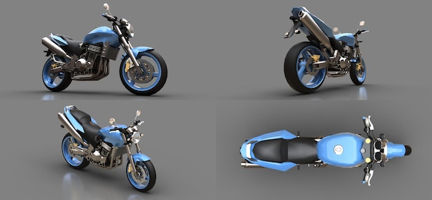Ilustración 3d Motocicleta de dos plazas de deporte urbano azul sobre un fondo gris representación 3d