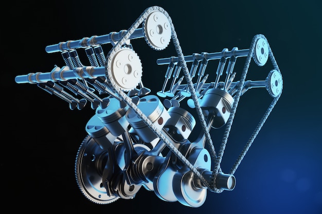 Ilustración 3d de un motor de combustión interna. Piezas del motor, cigüeñal, pistones, sistema de suministro de combustible. Pistones del motor V6 con cigüeñal en movimiento. Ilustración del motor del coche en el interior.